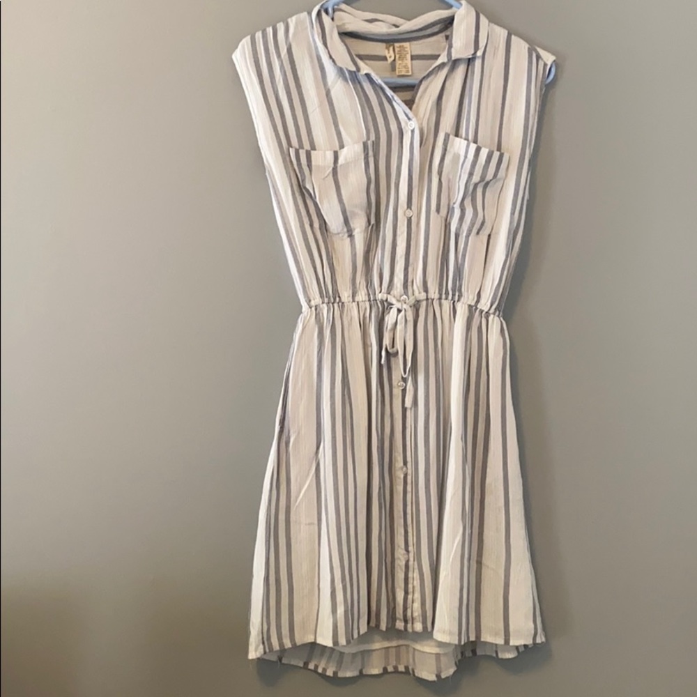 White and Gray Striped Button-Up Tie Dress